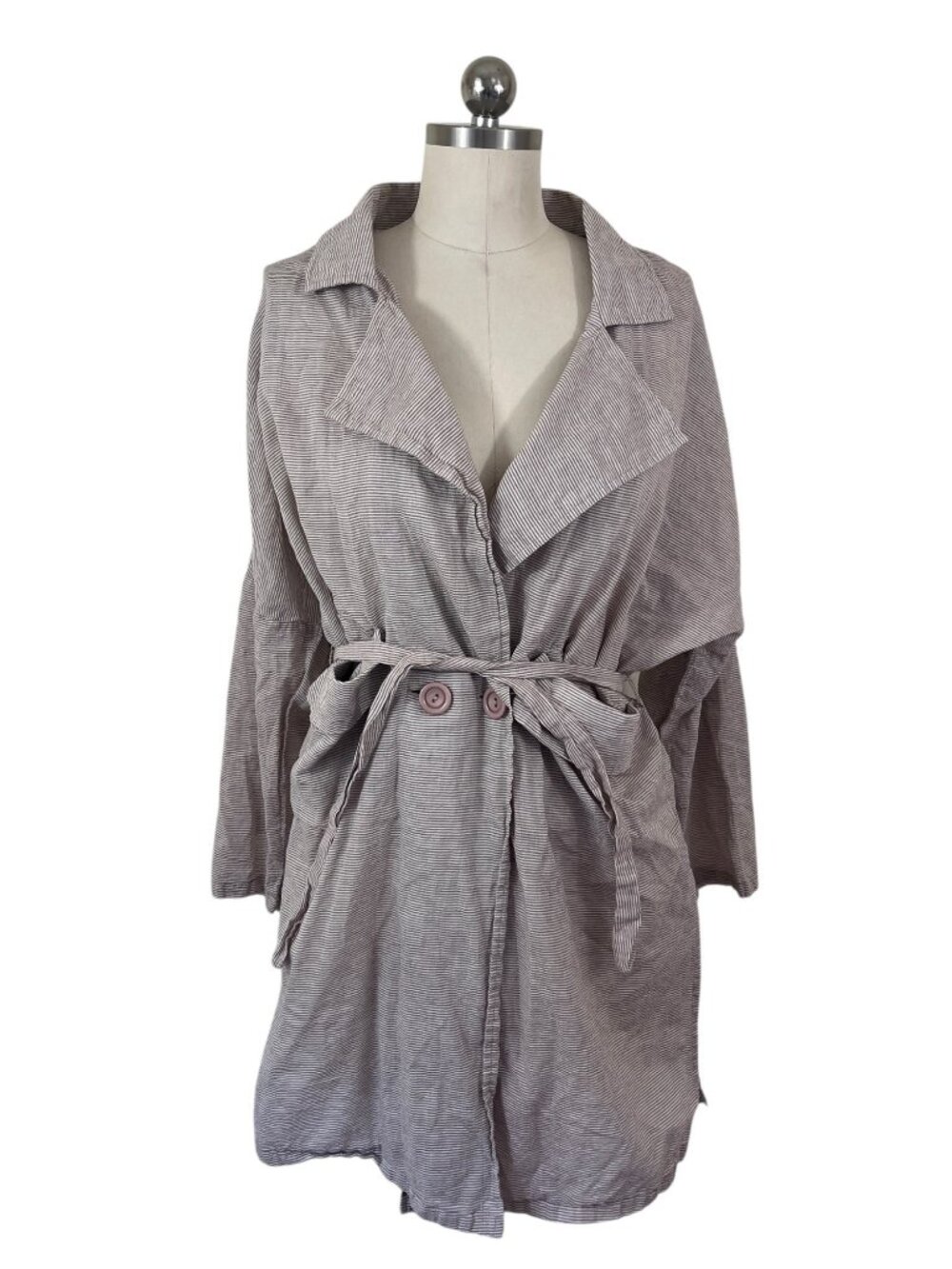 Esley Trench Coat Women Medium Brown Striped Lagenlook Versatile Minimalism